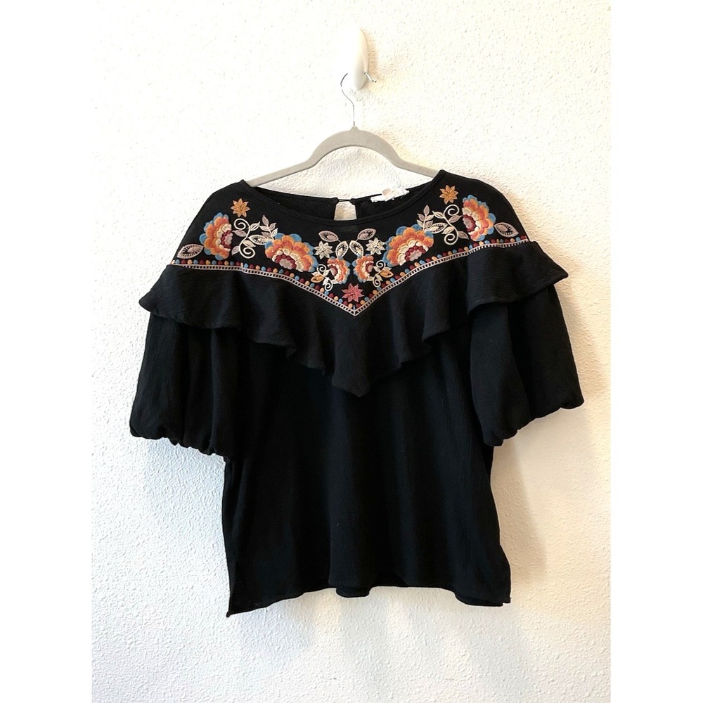 THML Black Ruffle Embroidered Floral Top Women's Size M